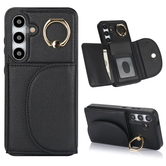 Allytechgroup Phone Case for Samsung Galaxy S21, PU Leather Galaxy S21 Cover with Card Holder, Rotating Ring Stand PU Leather Shockproof Anti-Scratch Wallet Case for Women Men,Black