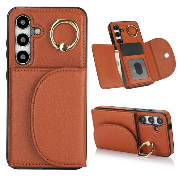 Allytechgroup Phone Case for Samsung Galaxy S24, PU Leather Galaxy S24 Cover with Card Holder, Rotating Ring Stand PU Leather Shockproof Anti-Scratch Wallet Case for Women Men,Brown