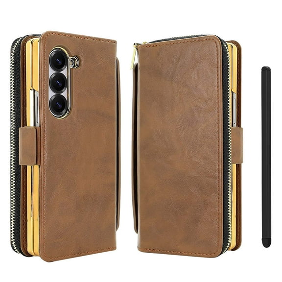 Allytechgroup Phone Case for Samsung Galaxy Z Fold 5 Multi-Functional Galaxy Z Fold5 Case Cover with Stylus Pen, Card Slots, Zipper Pocket, Handle Design Stand RFID Blocking & Wrist Strap, Brown
