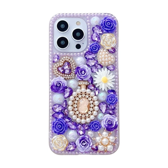 Allytechgroup Phone Case for iPhone 12, 3D Pearls & Flower Love Heart Backplane Luxury Sparkle Girly Elegant Protective Shockproof Anti-drop for Women Girls, Purple