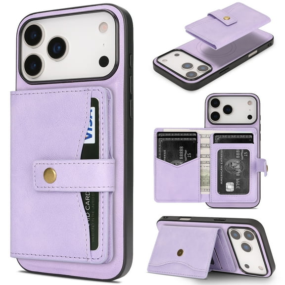 Allytechgroup Phone Case for iPhone 17 Pro, 2 in 1 Wallet iPhone 17 Pro Case with Card Holder Magnetic Back Cover Compatible with MagSafe & Car Mount Shockproof Cover, Purple