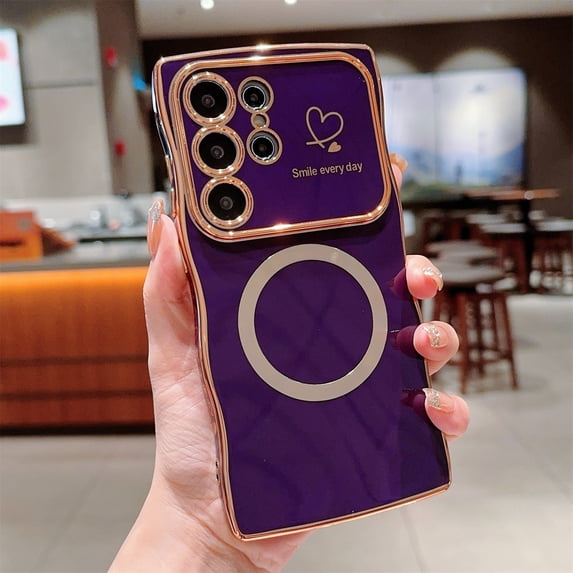 Allytechgroup Plating Frame Case for Samsung Galaxy S22 Plus, Curly Wave Frame Support Wireless Charging Shockproof Magnetic Back Cover for Samsung Galaxy S22 Plus Women Girls, Darkpurple