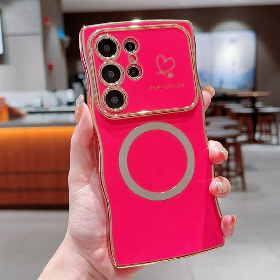 Allytechgroup Plating Frame Case for Samsung Galaxy S23 Ultra, Curly Wave Frame Support Wireless Charging Shockproof Magnetic Back Cover for Samsung Galaxy S23 Ultra Women Girls, Rose