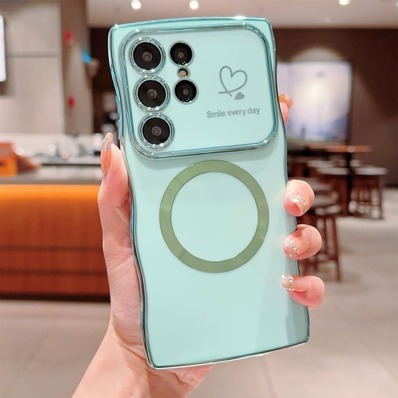 Allytechgroup Plating Frame Case for Samsung Galaxy S23 Ultra, Curly Wave Frame Support Wireless Charging Shockproof Magnetic Back Cover for Samsung Galaxy S23 Ultra Women Girls, Green