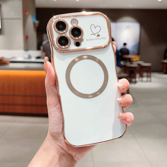 Allytechgroup Plating Frame Case for iPhone 13, Curly Wave Frame Support Wireless Charging Shockproof Magnetic Back Cover for Apple iPhone 13 Women Girls, White