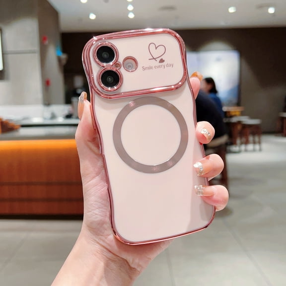 Allytechgroup Plating Frame Case for iPhone 16, Curly Wave Frame Support Wireless Charging Shockproof Magnetic Back Cover for Apple iPhone 16 Women Girls, Pink