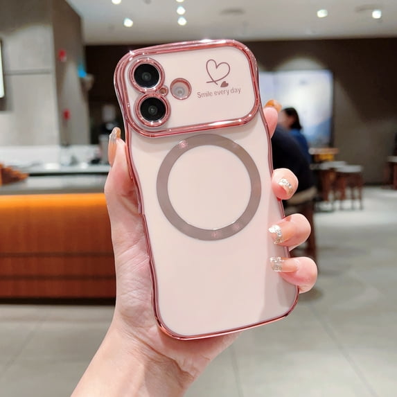 Allytechgroup Plating Frame Case for iPhone 16, Curly Wave Frame Support Wireless Charging Shockproof Magnetic Back Cover for Apple iPhone 16 Women Girls, Pink