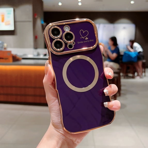 Allytechgroup Plating Frame Case for iPhone 16 Pro Max, Curly Wave Frame Support Wireless Charging Shockproof Magnetic Back Cover for Apple iPhone 16 Pro Max Women Girls, Darkpurple