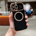thumbnail image 1 of Allytechgroup Plating Frame Case for iPhone 16 Pro Max, Curly Wave Frame Support Wireless Charging Shockproof Magnetic Back Cover for Apple iPhone 16 Pro Max Women Girls, Black, 1 of 10