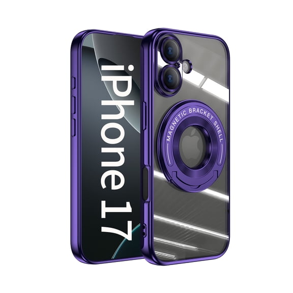 Allytechgroup Plating Frame Case for iPhone 17, Built-in Kickstand Support Wireless Cahgring Anti Yellowing Shockproof Magnetic Clear Back Cover Bumper for iPhone 17, Darkpurple