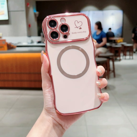 Allytechgroup Plating Frame Case for iPhone 17 Pro, Curly Wave Frame Support Wireless Charging Shockproof Magnetic Back Cover for Apple iPhone 17 Pro Women Girls, Pink