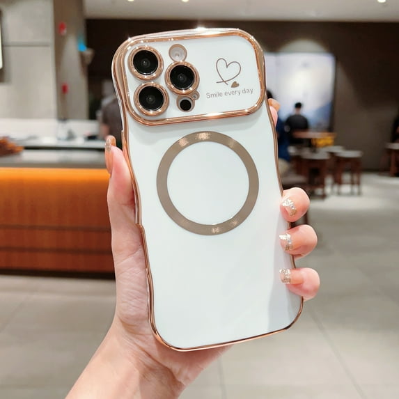 Allytechgroup Plating Frame Case for iPhone 17 Pro Max, Curly Wave Frame Support Wireless Charging Shockproof Magnetic Back Cover for Apple iPhone 17 Pro Max Women Girls, White