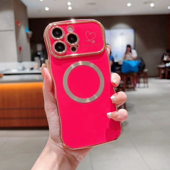 Allytechgroup Plating Frame Case for iPhone 17 Pro Max, Curly Wave Frame Support Wireless Charging Shockproof Magnetic Back Cover for Apple iPhone 17 Pro Max Women Girls, Rose