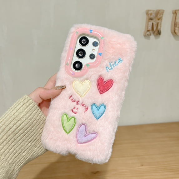 Allytechgroup Plush Case for Samsung Galaxy S23, Cute Big Heart with Love Camera Lens Kickstand for Girls Women Soft TPU Shockproof Protective Girly for Samsung Galaxy S23, Pink