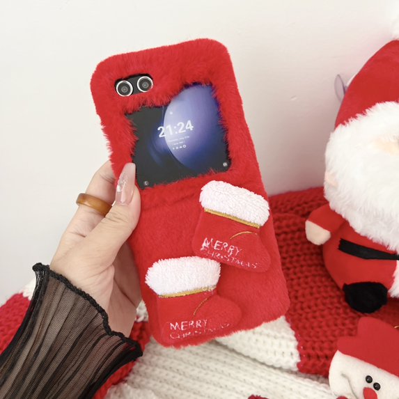 Allytechgroup Plush Case for Samsung Galaxy Z Flip5, Fluffy Warm Smooth Faux Fur Case with Cute Stylish Christmas Doll, Lightweight Soft TPU Shock-Absorbent Non-Slip Drop Protection Phone Case - Red