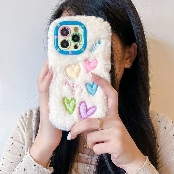 Allytechgroup Plush Case for iPhone 11, Cute Big Heart with Love Camera Lens Kickstand for Girls Women Soft TPU Shockproof Protective Girly for iPhone 11, White