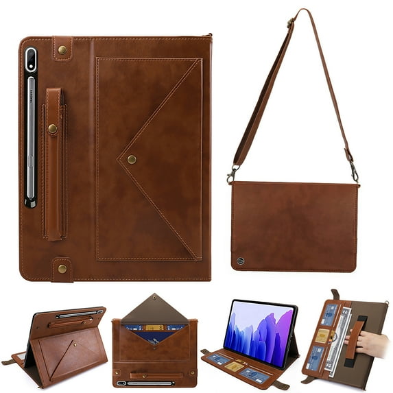 Allytechgroup Portfolio Carrying Bag Case for Samsung Galaxy Tab S10 FE+ 13.1" 2025, Document Notes Pocket Stand Shoulder Strap Protective Case Cover for Galaxy Tab S10 FE+ Plus SM-X620, Brown
