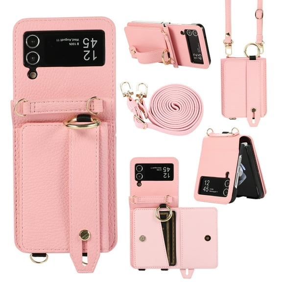 Allytechgroup Premium Galaxy Z Flip 4 5G Case Wallet - Stylish Phone Case for Samsung Galaxy Z Flip 4 with Ring Holder Shoulder Strap Hand Strap RFID Blocking Case for Girls Women, Pink