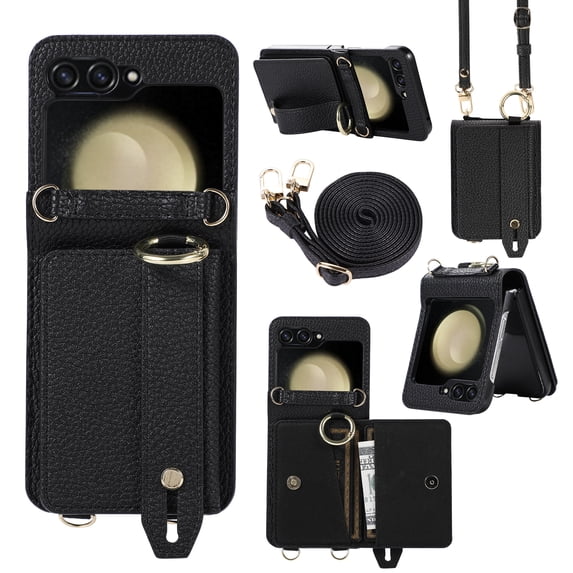 Allytechgroup Premium Galaxy Z Flip 6 5G Case Wallet - Stylish Phone Case for Samsung Galaxy Z Flip 6 with Ring Holder Shoulder Strap Hand Strap RFID Blocking Case for Girls Women, Black
