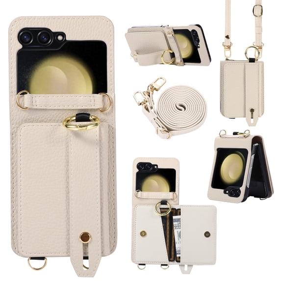 Allytechgroup Premium Galaxy Z Flip 6 5G Case Wallet - Stylish Phone Case for Samsung Galaxy Z Flip 6 with Ring Holder Shoulder Strap Hand Strap RFID Blocking Case for Girls Women, White