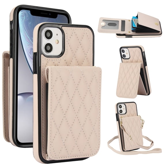 Allytechgroup Premium Phone Case for Apple iPhone 11, Wallet iPhone 11 Case with Card Holder, Crossbody Strap, Stand Feature, Shockproof PU Leather RFID Blocking Cover,Apricot