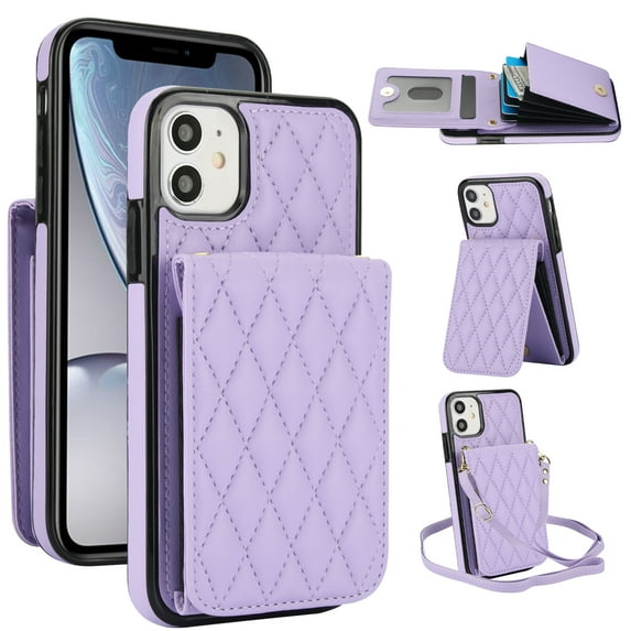 Allytechgroup Premium Phone Case for Apple iPhone 11, Wallet iPhone 11 Case with Card Holder, Crossbody Strap, Stand Feature, Shockproof PU Leather RFID Blocking Cover,Purple
