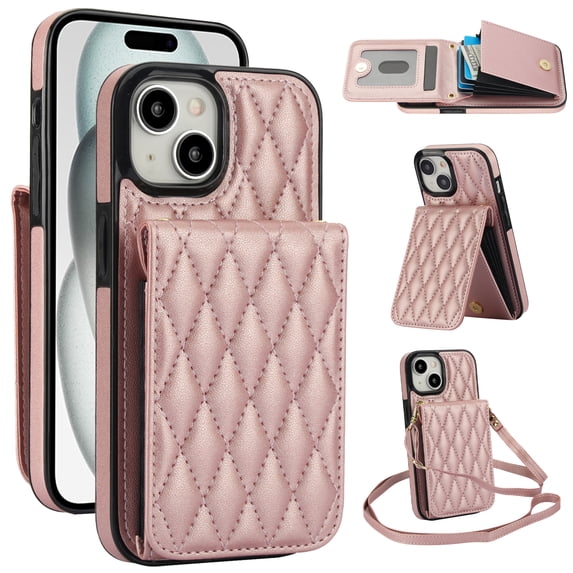 Allytechgroup Premium Phone Case for Apple iPhone 14 Plus, Wallet iPhone 14 Plus Case with Card Holder, Crossbody Strap, Stand Feature, Shockproof PU Leather RFID Blocking Cover,Rosegold