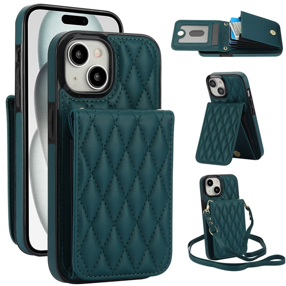 Allytechgroup Premium Phone Case for Apple iPhone 14 Plus, Wallet iPhone 14 Plus Case with Card Holder, Crossbody Strap, Stand Feature, Shockproof PU Leather RFID Blocking Cover,Green