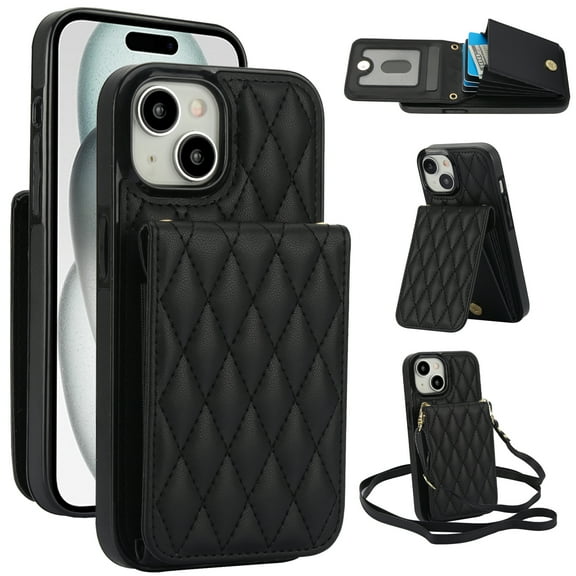 Allytechgroup Premium Phone Case for Apple iPhone 14, Wallet iPhone 14 Case with Card Holder, Crossbody Strap, Stand Feature, Shockproof PU Leather RFID Blocking Cover,Black