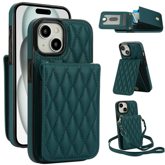 Allytechgroup Premium Phone Case for Apple iPhone 14, Wallet iPhone 14 Case with Card Holder, Crossbody Strap, Stand Feature, Shockproof PU Leather RFID Blocking Cover,Green
