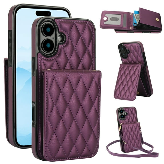 Allytechgroup Premium Phone Case for Apple iPhone 16 Plus, Wallet iPhone 16 Plus Case with Card Holder, Crossbody Strap, Stand Feature, Shockproof PU Leather RFID Blocking Cover,Darkpurple
