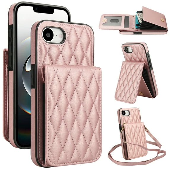 Allytechgroup Premium Phone Case for Apple iPhone 17e, Wallet iPhone 16e Case with Card Holder, Crossbody Strap, Stand Feature, Shockproof PU Leather RFID Blocking Cover,Rosegold