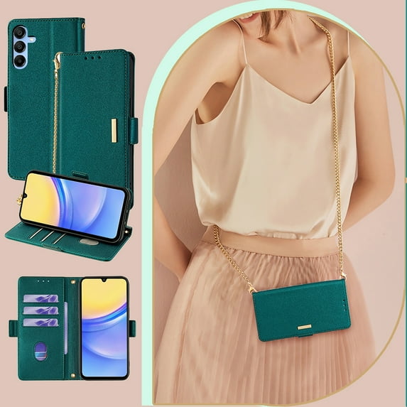 Allytechgroup Premium Wallet Case for Samsung Galaxy A26 5G, Stylish Phone Case with Card Slots and Metal Shoulder Strap Flip Cover Stand RFID Blocking Slim Case for Women Girls, Green