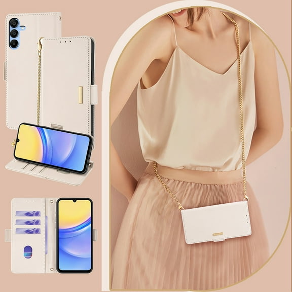 Allytechgroup Premium Wallet Case for Samsung Galaxy A36 5G, Stylish Phone Case with Card Slots and Metal Shoulder Strap Flip Cover Stand RFID Blocking Slim Case for Women Girls, White