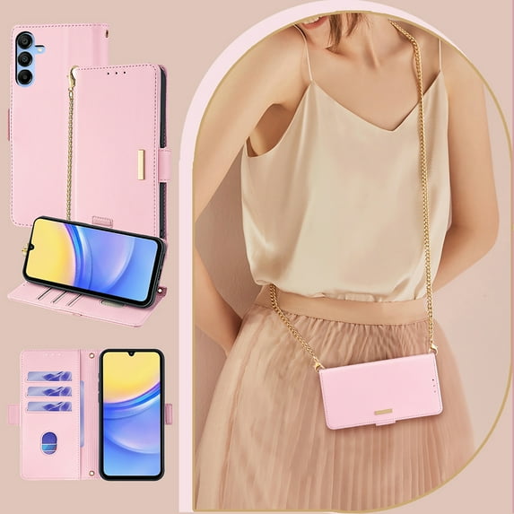Allytechgroup Premium Wallet Case for Samsung Galaxy S20, Stylish Phone Case with Card Slots and Metal Shoulder Strap Flip Cover Stand RFID Blocking Slim Case for Women Girls, Pink