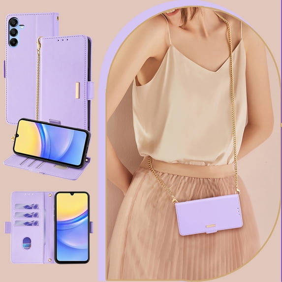 Allytechgroup Premium Wallet Case for Samsung Galaxy S23 Plus, Stylish Phone Case with Card Slots and Metal Shoulder Strap Flip Cover Stand RFID Blocking Slim Case for Women Girls, Purple