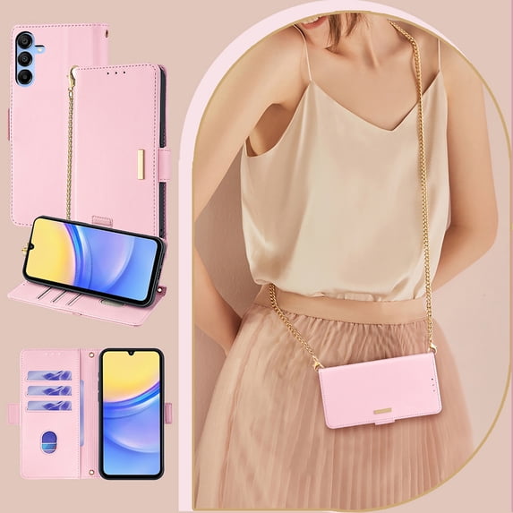Allytechgroup Premium Wallet Case for Samsung Galaxy S25, Stylish Phone Case with Card Slots and Metal Shoulder Strap Flip Cover Stand RFID Blocking Slim Case for Women Girls, Pink