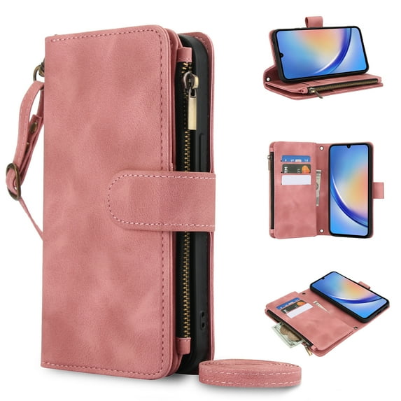 Allytechgroup Premium Wallet Phone Case for Samsung Galaxy A15, Zipper Pocket Kickstand Crossbody Shoulder Strap Hand Wrist RFID Blocking Shockproof Protective Case for Women Men, Rosegold