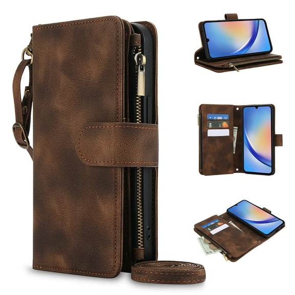 Allytechgroup Premium Wallet Phone Case for Samsung Galaxy A16 5G, Zipper Pocket Kickstand Crossbody Shoulder Strap Hand Wrist RFID Blocking Shockproof Protective Case for Women Men, Brown