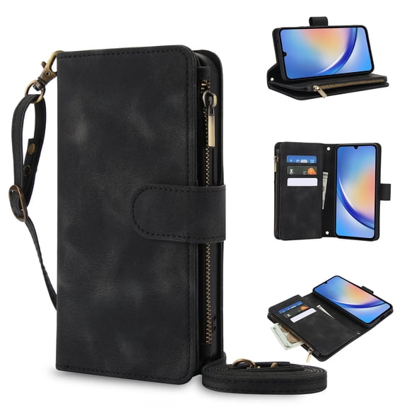 Allytechgroup Premium Wallet Phone Case for Samsung Galaxy A24 4G, Zipper Pocket Kickstand Crossbody Shoulder Strap Hand Wrist RFID Blocking Shockproof Protective Case for Women Men, Black