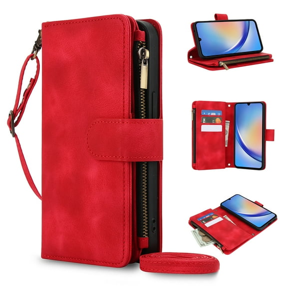 Allytechgroup Premium Wallet Phone Case for Samsung Galaxy A54 5G, Zipper Pocket Kickstand Crossbody Shoulder Strap Hand Wrist RFID Blocking Shockproof Protective Case for Women Men, Red