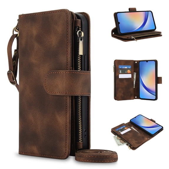 Allytechgroup Premium Wallet Phone Case for Samsung Galaxy Note 10 Plus, Zipper Pocket Kickstand Crossbody Shoulder Strap Hand Wrist RFID Blocking Shockproof Protective Case for Women Men, Brown