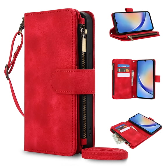 Allytechgroup Premium Wallet Phone Case for Samsung Galaxy S20, Zipper Pocket Kickstand Crossbody Shoulder Strap Hand Wrist RFID Blocking Shockproof Protective Case for Women Men, Red