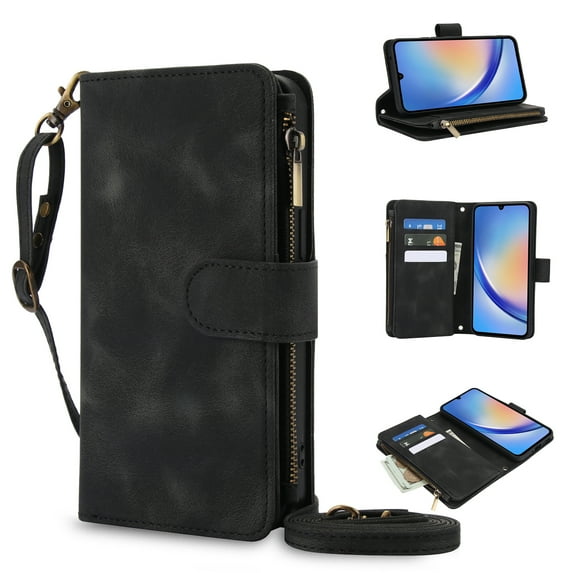 Allytechgroup Premium Wallet Phone Case for Samsung Galaxy S23, Zipper Pocket Kickstand Crossbody Shoulder Strap Hand Wrist RFID Blocking Shockproof Protective Case for Women Men, Black