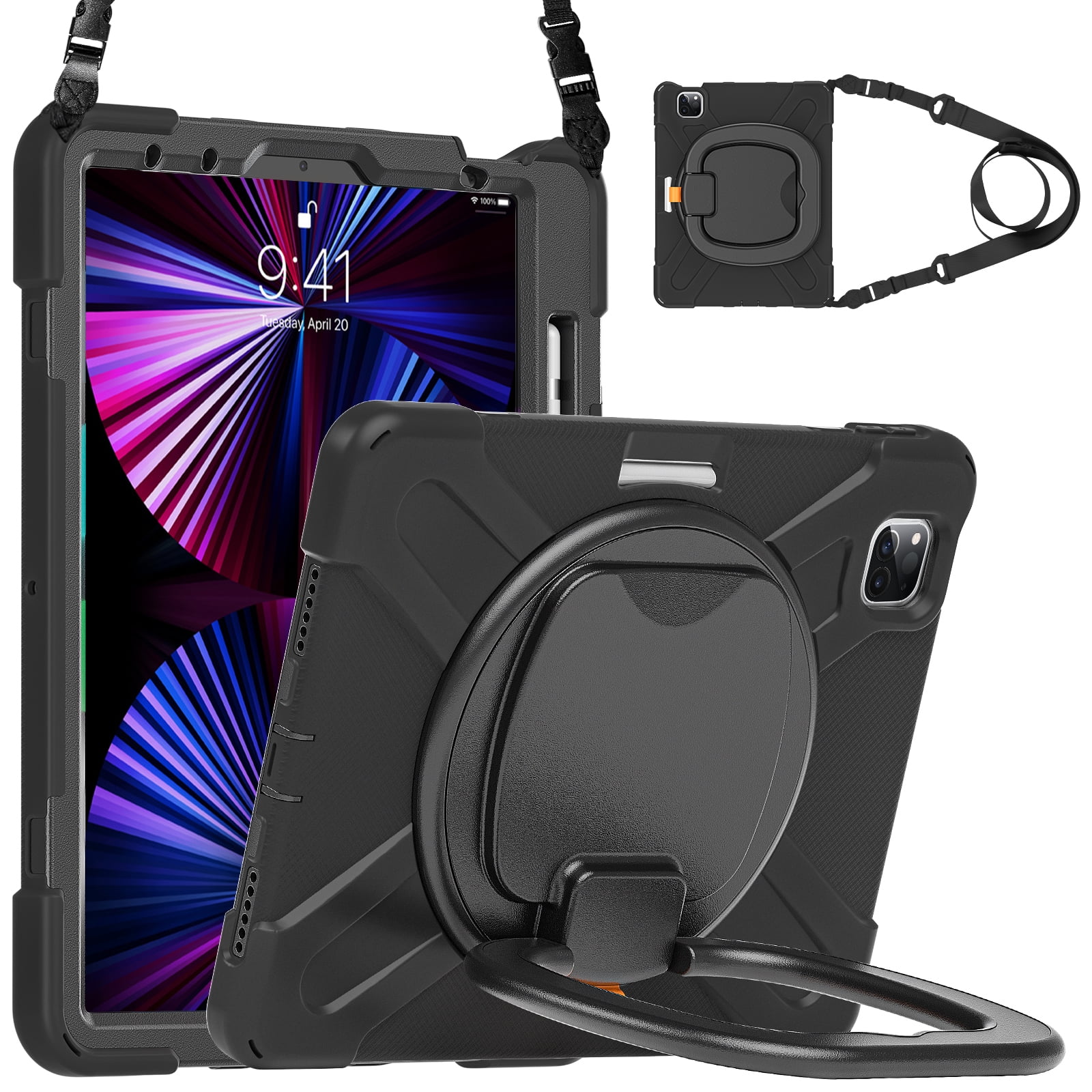 Allytechgroup Protective Case for Apple iPad 11th 10th Generation 2025 2022 10.9 Inch, Rotating Stand Shoulder Strap Handle Pencil Holder Tablet Case for iPad 10.9" Inch 11th 10th Gen, Black