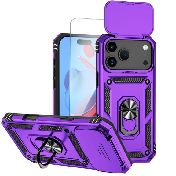 Allytechgroup Ring Holder Case for iPhone 17 Pro Max with 1 Pack Screen Protector, Military Grade Drop Protection Slide Camera Cover Anti-Scratch Stand Case Support Magnetic Car Mount, Purple