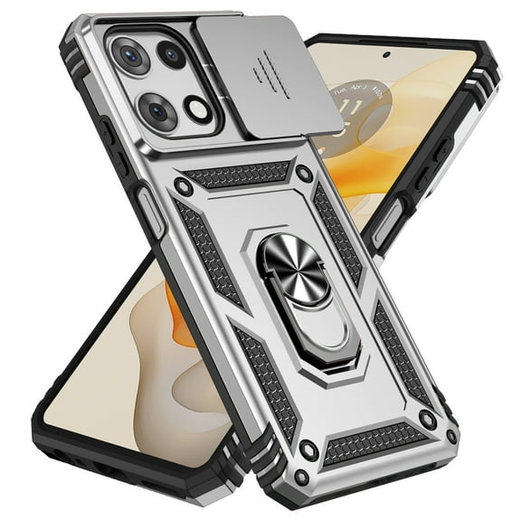 Allytechgroup Rotatable Kickstand Case for Motorola Moto G 5G 2025 / 2026, Military Grade Drop Protection Slide Camera Cover Anti-Scratch Case with Kickstand Support Magnetic Car Mount, Silver