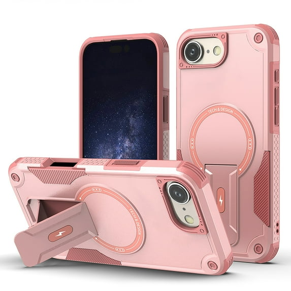 Allytechgroup Rugged Back Case for iPhone 16e, Compatible with MagSafe Full Body Protection Soft TPU Bumper Shockproof Anti-Scratch Magnetic Case with Kickstand for iPhone 16e, Pink