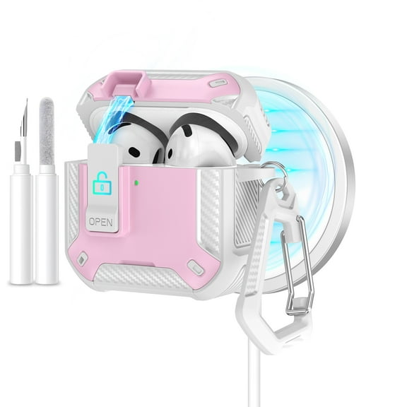 Allytechgroup Rugged Case for Apple AirPods 4th Gen 2024, with Cleaner Kit & Keychain Phone Stand Design Shockproof Bumper Wireless Charging Support Cover Case for Apple AirPods 4 2024, Whitepink