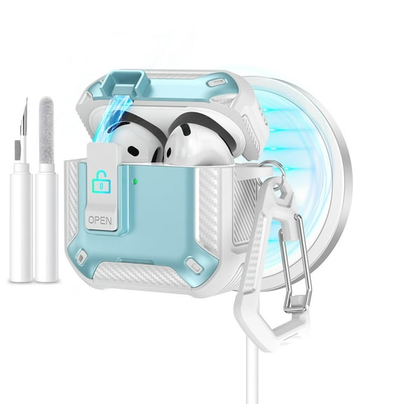Allytechgroup Rugged Case for Apple AirPods 4th Gen 2024, with Cleaner Kit & Keychain Phone Stand Design Shockproof Bumper Wireless Charging Support Cover Case for Apple AirPods 4 2024, Whiteblue